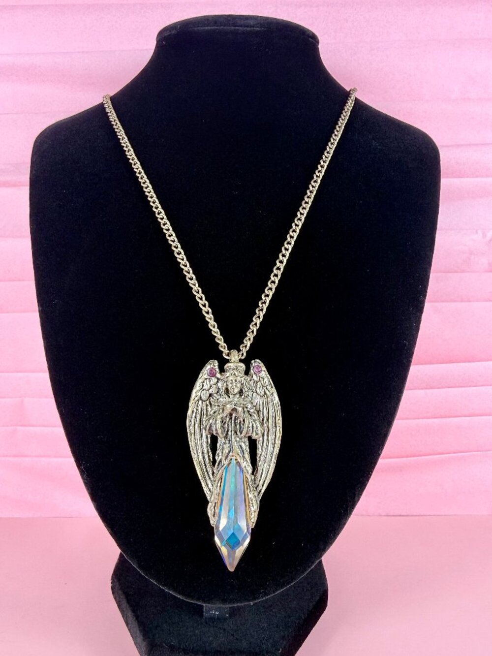 Vintage Silver Tone Pewter Angel Crystal Large Pendant on 42" Necklace